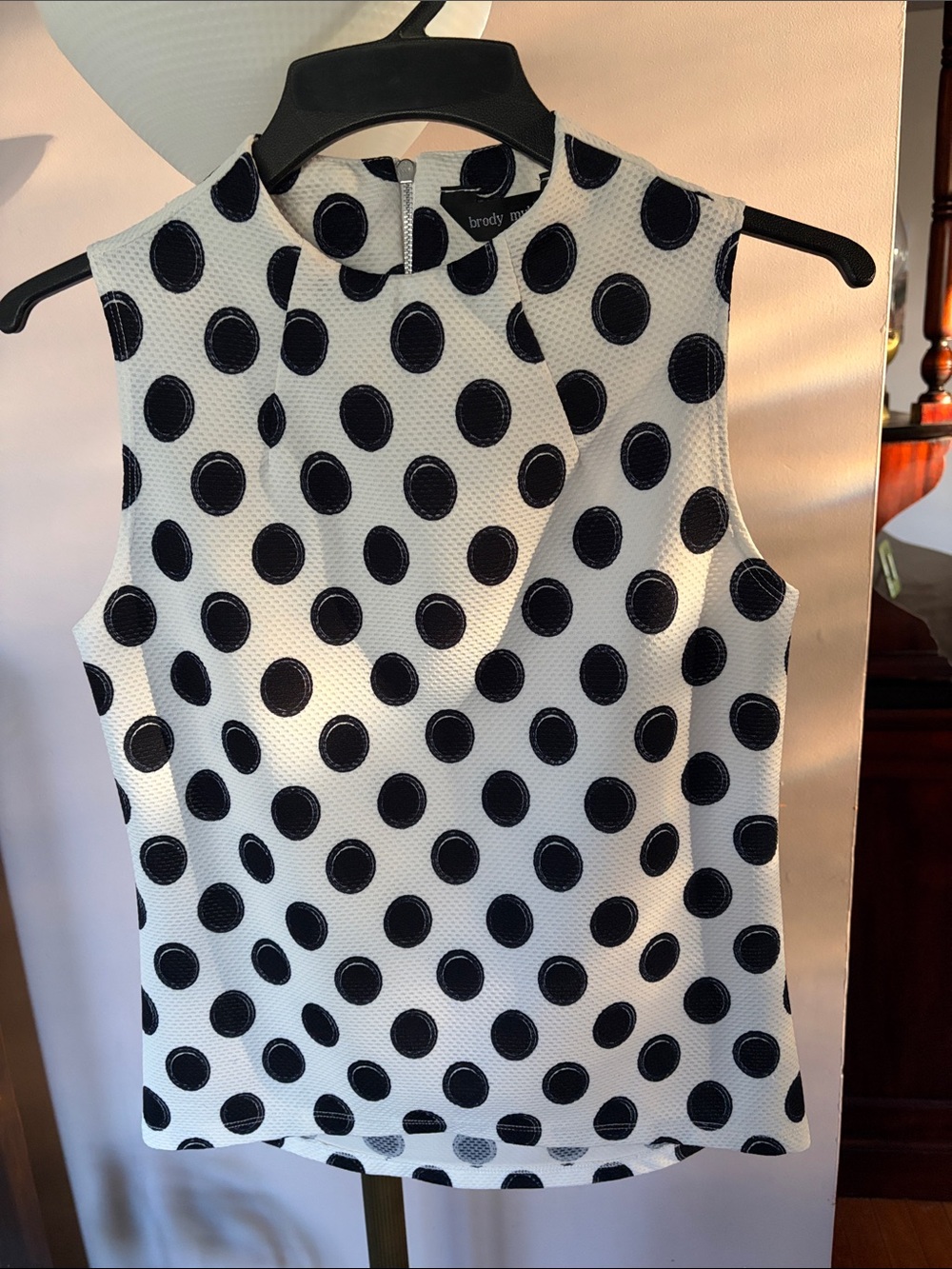 Brody Myles  White Sleeveless Polka Dot Shell with Black Dots